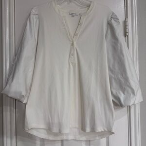 Chico's White Puff Leather Sleeve Blouse
